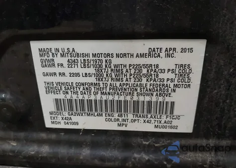 2015 Mitsubishi Outlander Sport Es из США, поврежденный, VIN 4A4AP3AU2FE031399